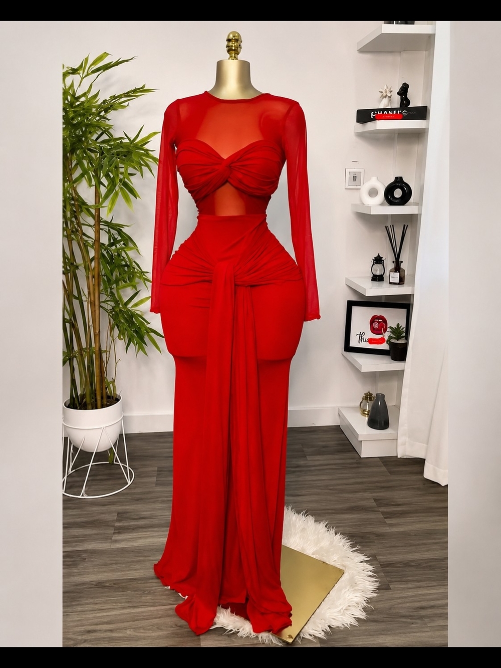 Red Long Sleeve Cutout Evening Dress with Draped Waist